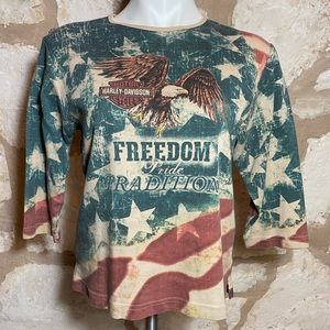 Patriotic Harley-Davidson top with Eagle and “Freedom Pride Tradition” quote.